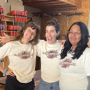 Three Offerman Woodshop staff model Bear Mountain Boats vintage t-shirts