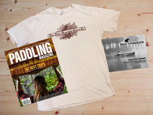 Load image into Gallery viewer, Bear Mountain Boats vintage t-shirt with a copy of Paddling Magazine and Bear Mountain plans catalogue
